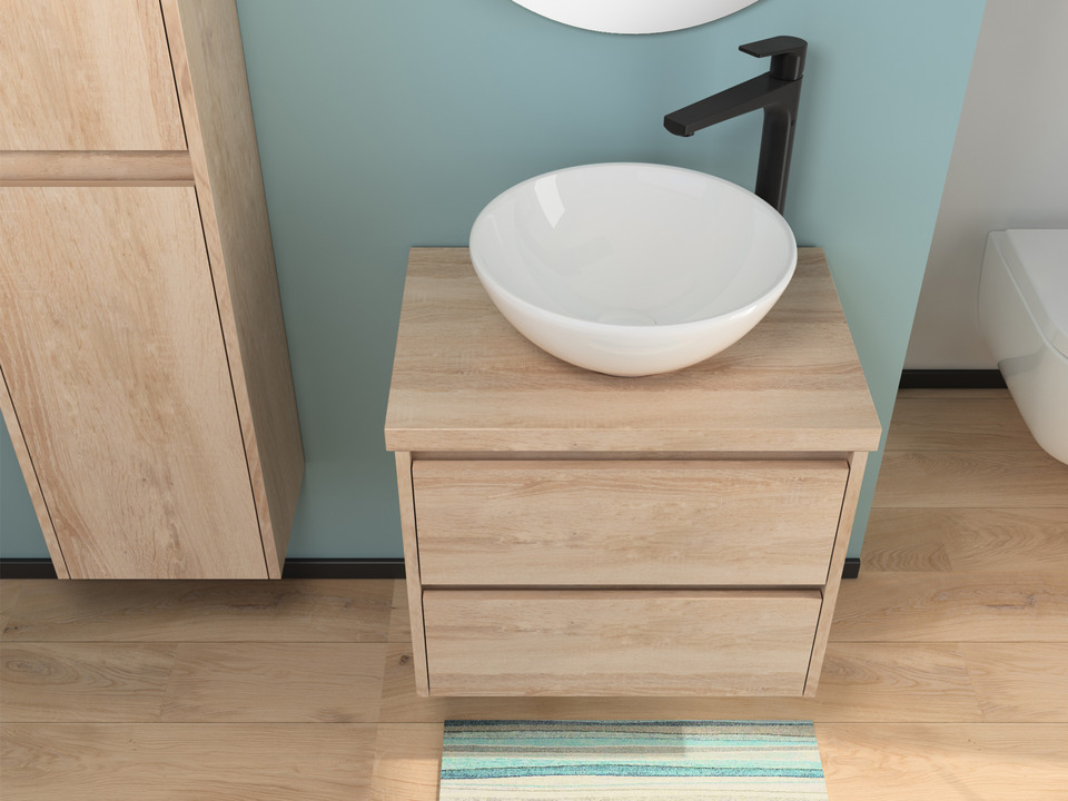 Duo Badm&ouml;bel 60, Eiche Gold, Keramik Waschbecken, Tr&auml;gerplatte