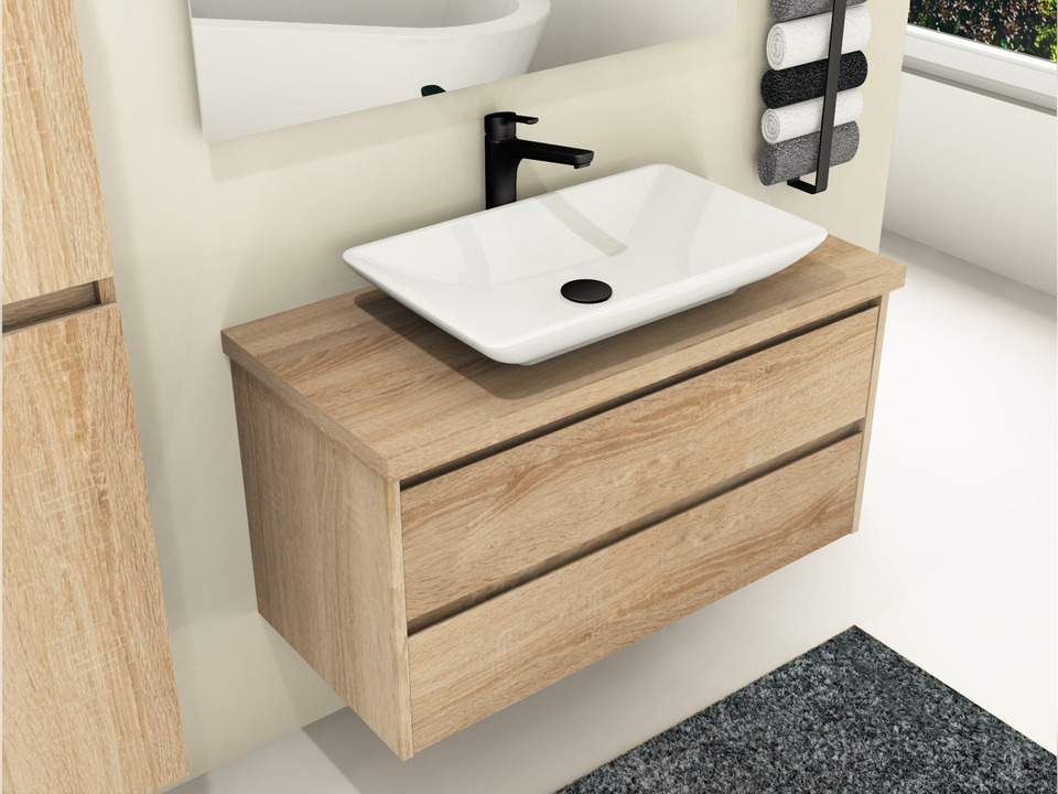 Duo Badm&ouml;bel 100, Eiche Gold, Keramik Waschbecken, Tr&auml;gerplatte