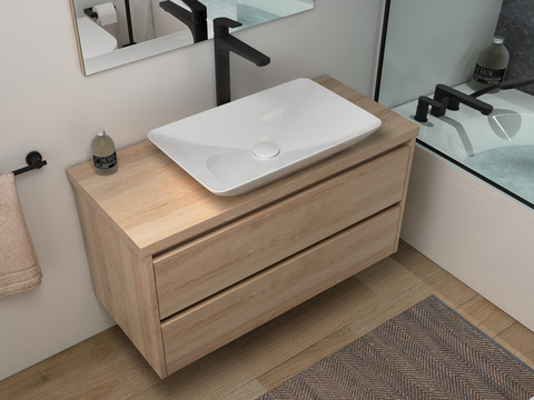 Duo Badmöbel 100, Eiche Gold, Keramik Waschbecken, Trägerplatte
