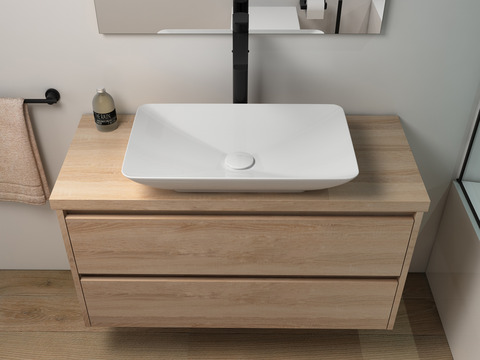 Duo Badmöbel 100, Eiche Gold, Keramik Waschbecken, Trägerplatte
