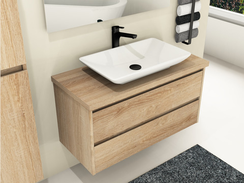 Duo Badmöbel 100, Eiche Gold, Keramik Waschbecken, Trägerplatte