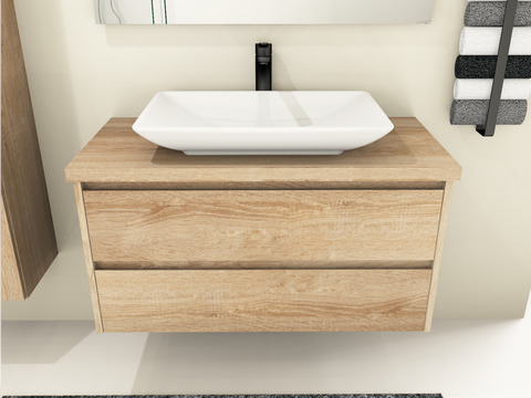 Duo Badmöbel 100, Eiche Gold, Keramik Waschbecken, Trägerplatte