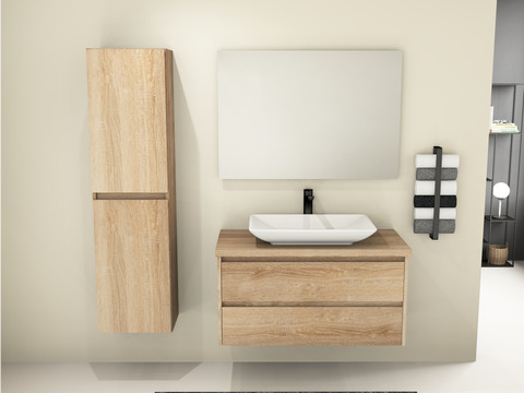 Duo Badmöbel 100, Eiche Gold, Keramik Waschbecken, Trägerplatte