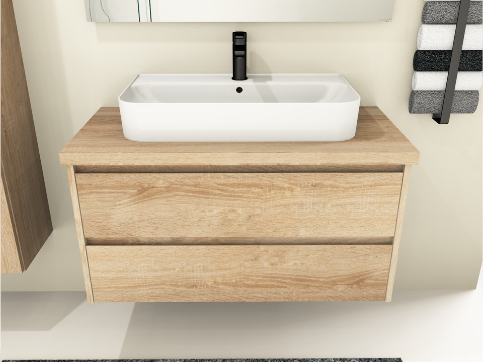 Duo Badm&ouml;bel 100, Eiche Gold, Keramik Waschbecken, Tr&auml;gerplatte