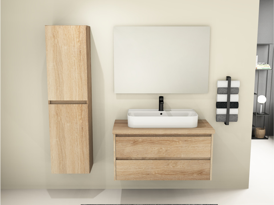 Duo Badm&ouml;bel 100, Eiche Gold, Keramik Waschbecken, Tr&auml;gerplatte