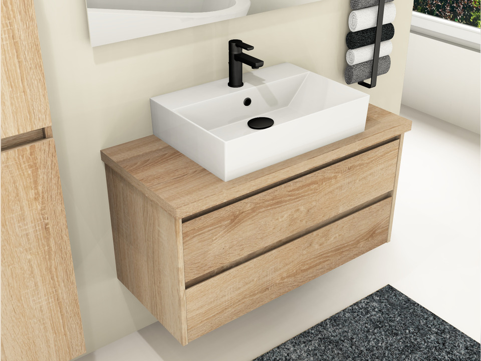 Duo Badm&ouml;bel 100, Eiche Gold, Keramik Waschbecken, Tr&auml;gerplatte