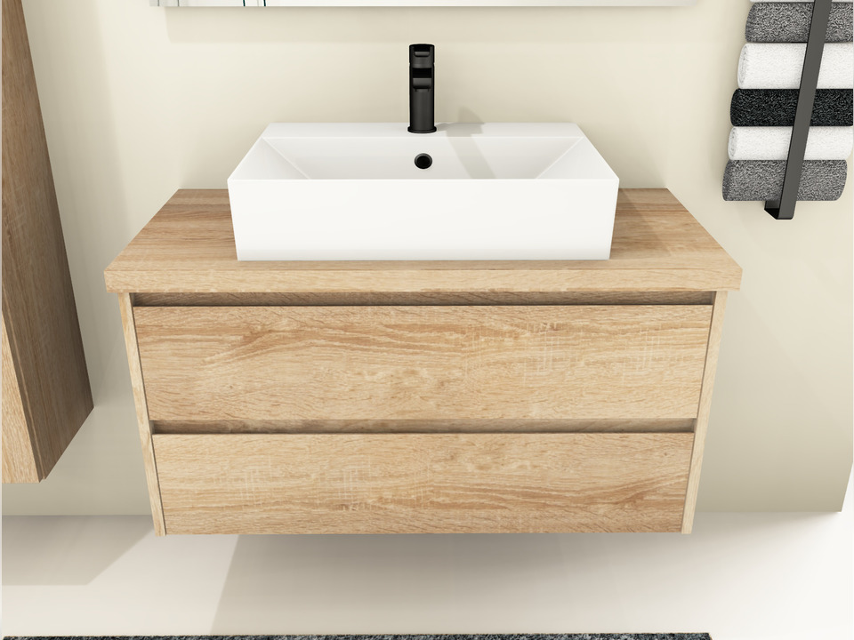 Duo Badm&ouml;bel 100, Eiche Gold, Keramik Waschbecken, Tr&auml;gerplatte