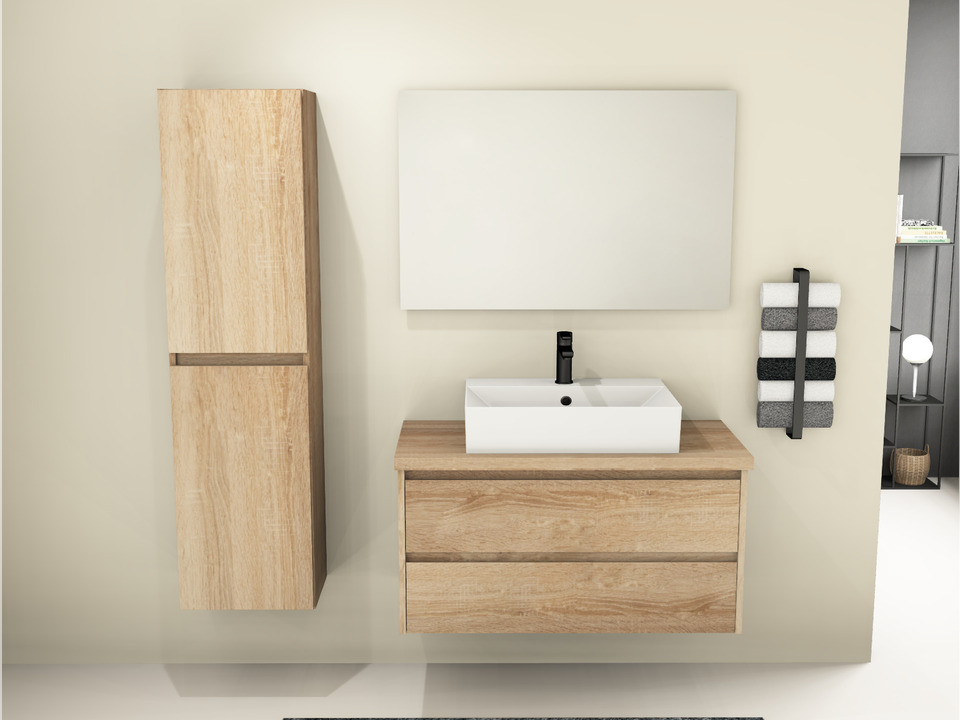 Duo Badm&ouml;bel 100, Eiche Gold, Keramik Waschbecken, Tr&auml;gerplatte