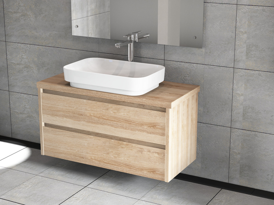 Duo Badm&ouml;bel 100, Eiche Gold, Keramik Waschbecken, Tr&auml;gerplatte
