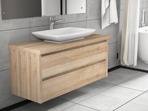 Duo Badmöbel 120, Eiche Gold, Keramik Waschbecken, Trägerplatte