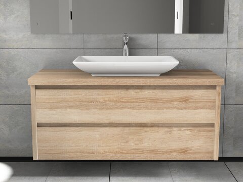 Duo Badmöbel 120, Eiche Gold, Keramik Waschbecken, Trägerplatte