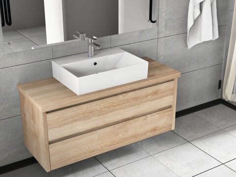 Duo Badmöbel 120, Eiche Gold, Keramik Waschbecken, Trägerplatte