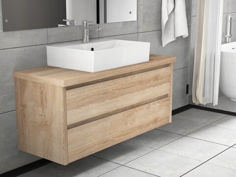 Duo Badmöbel 120, Eiche Gold, Keramik Waschbecken, Trägerplatte