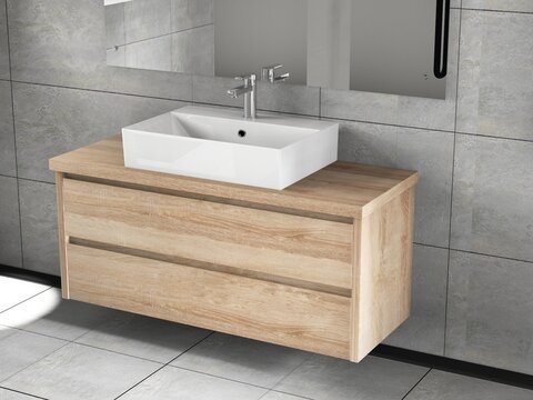 Duo Badmöbel 120, Eiche Gold, Keramik Waschbecken, Trägerplatte