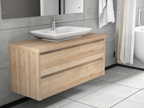 Duo Badmöbel 120, Eiche Gold, Keramik Waschbecken, Trägerplatte