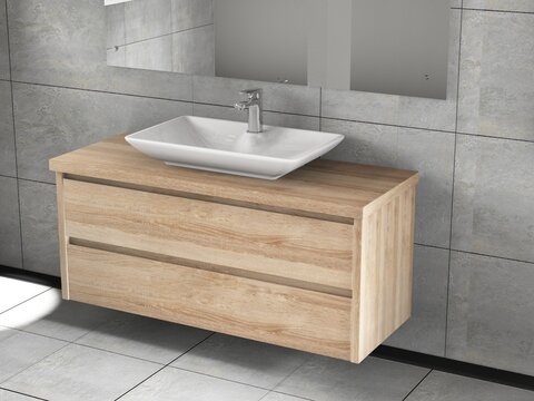 Duo Badmöbel 120, Eiche Gold, Keramik Waschbecken, Trägerplatte