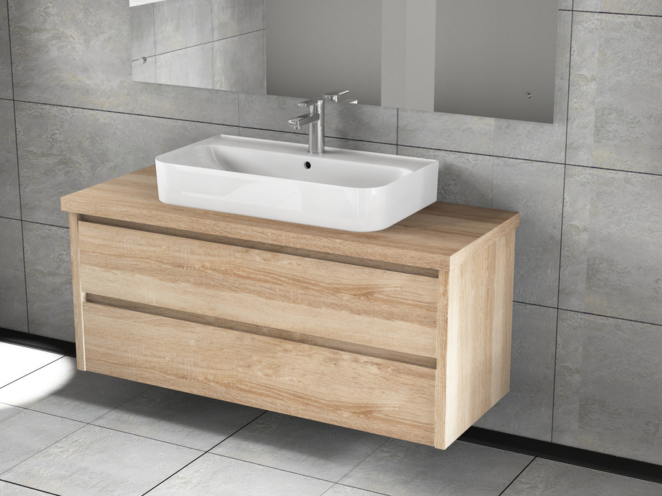Duo Badm&ouml;bel 120, Eiche Gold, Keramik Waschbecken, Tr&auml;gerplatte