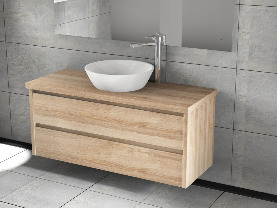 Duo Badm&ouml;bel 120, Eiche Gold, Keramik Waschbecken, Tr&auml;gerplatte