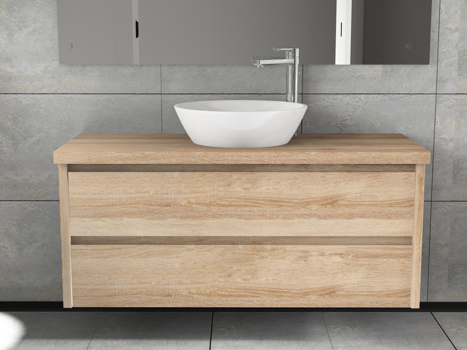 Duo Badm&ouml;bel 120, Eiche Gold, Keramik Waschbecken, Tr&auml;gerplatte