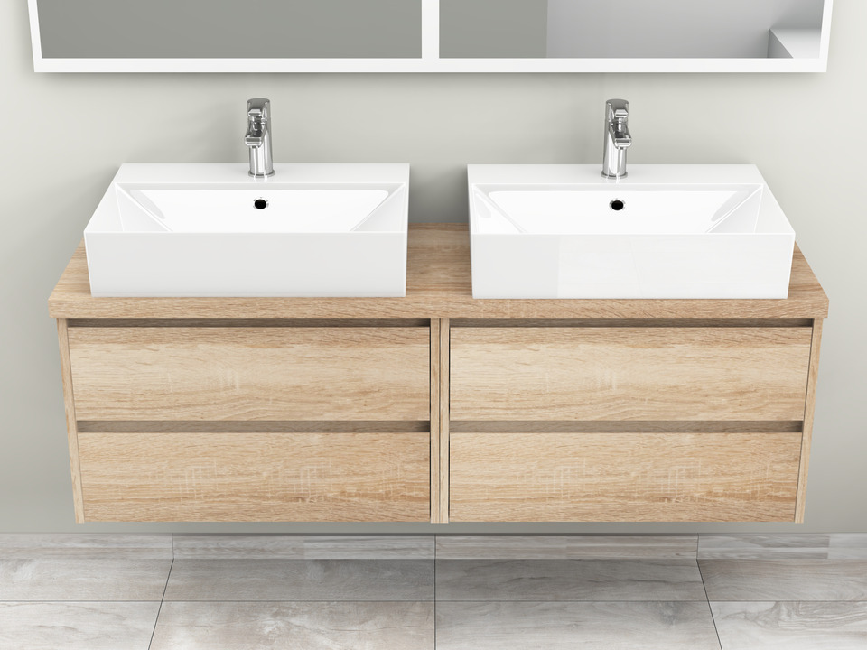 Duo Badm&ouml;bel 160, Eiche Gold, Doppelwaschtisch, Tr&auml;gerplatte