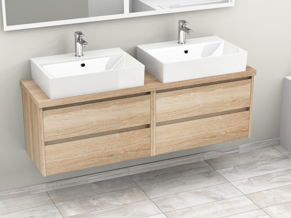 Duo Badm&ouml;bel 160, Eiche Gold, Doppelwaschtisch, Tr&auml;gerplatte