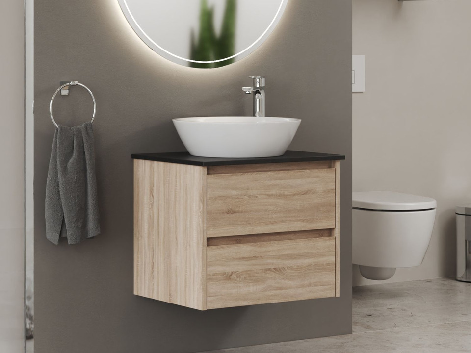 Duo Badm&ouml;bel 60, Eiche Gold, Keramik Waschbecken, Natursteinplatte