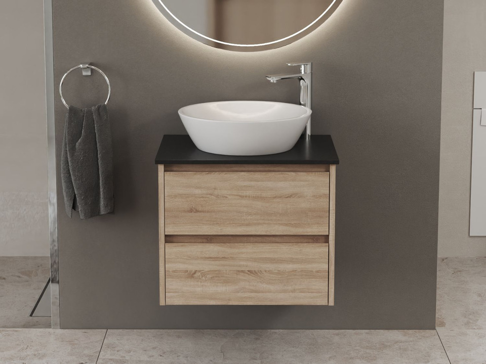 Duo Badm&ouml;bel 60, Eiche Gold, Keramik Waschbecken, Natursteinplatte