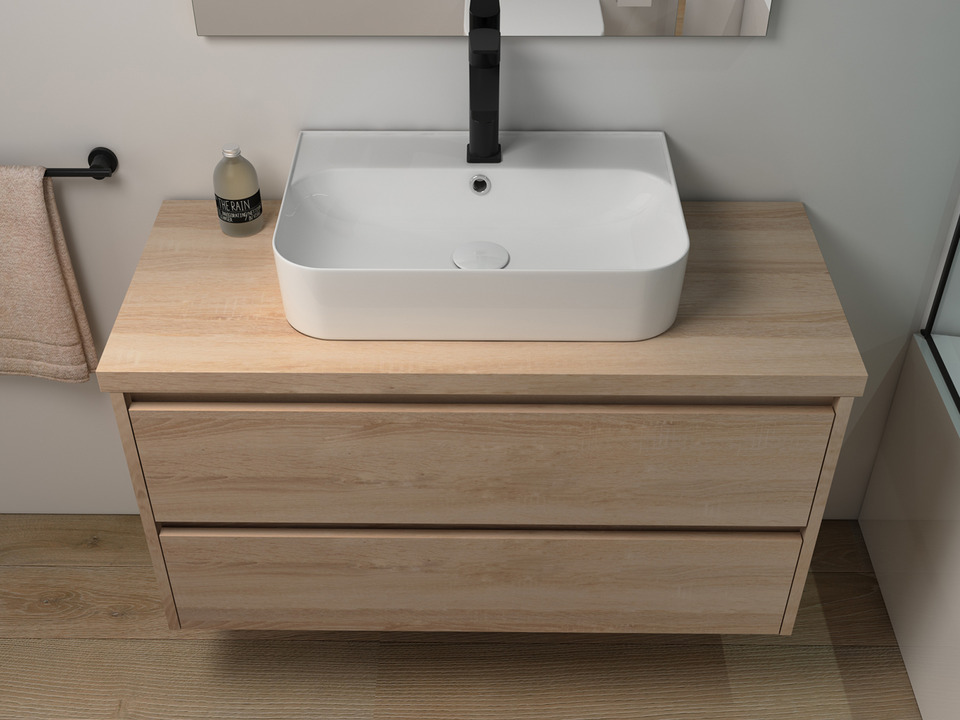 Duo Badm&ouml;bel 100, Eiche Gold, Keramik Waschbecken, Tr&auml;gerplatte