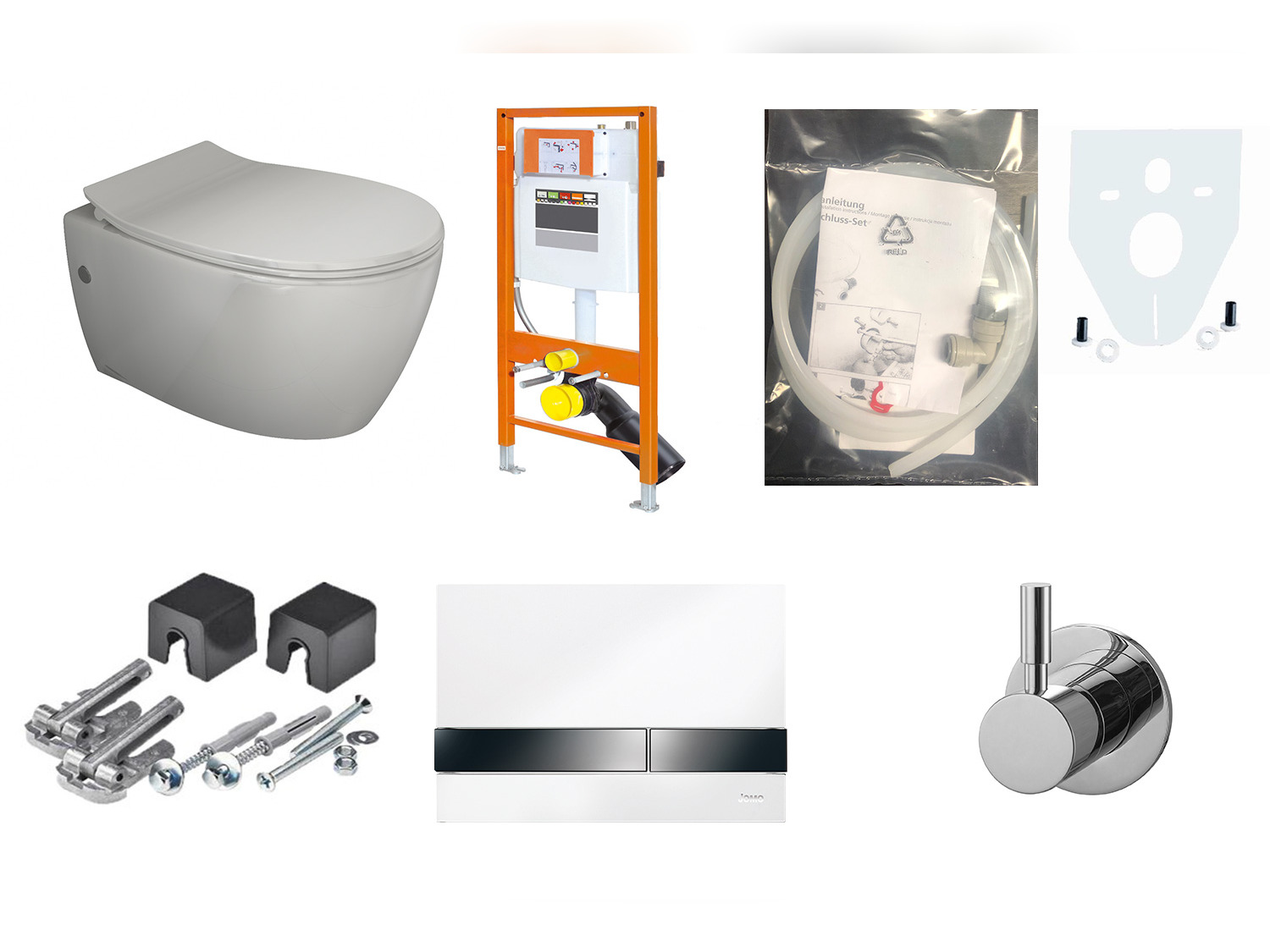 Aqua Bagno WCSet.10.JomoLine.T2.1 JomoLine Vorwandelement mit Rohrunterbrecher f&uuml;r Dusch WCs mit Bidetfunktion + Wand WC Taharat + Kaltwasserarmatur + Dr&uuml;ckerplatte + Zubeh&ouml;r