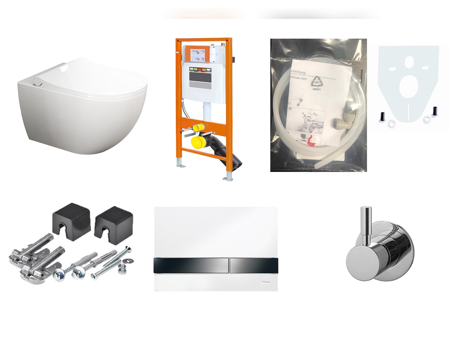 Aqua Bagno WCSet.11.JomoLine.T.1 JomoLine Vorwandelement mit Rohrunterbrecher f&uuml;r Dusch WCs mit Bidetfunktion + Wand WC Taharat + Kaltwasserarmatur + Dr&uuml;ckerplatte + Zubeh&ouml;r