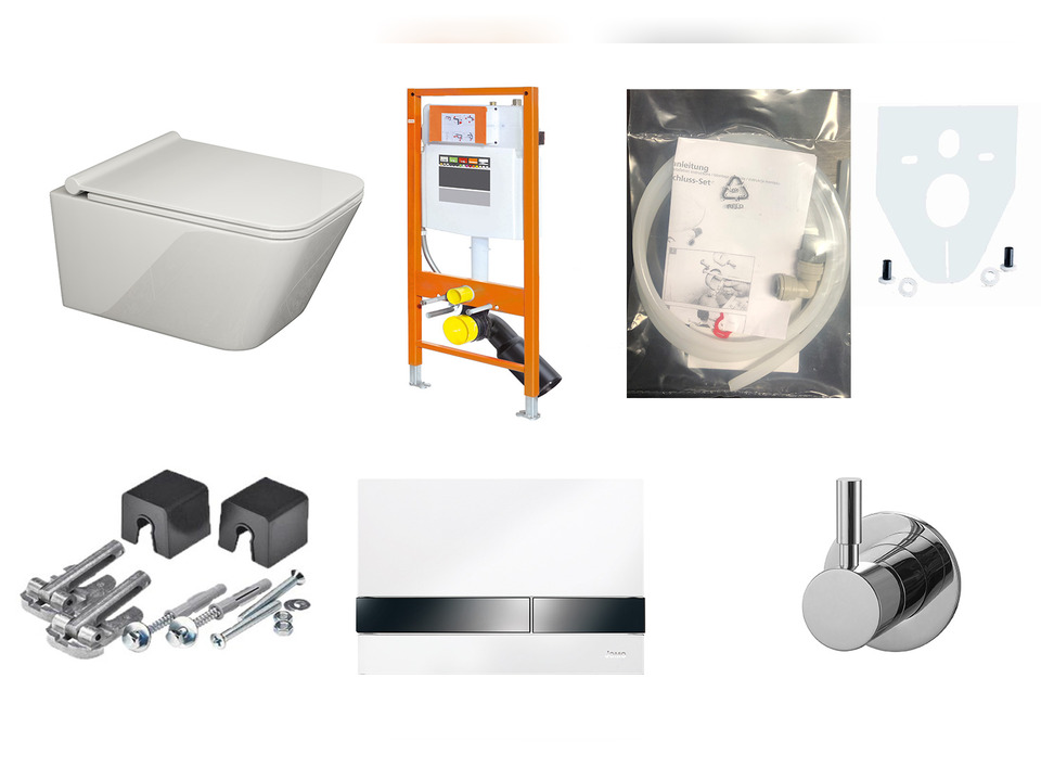 Aqua Bagno WCSet.17.JomoLine.T.1 JomoLine Vorwandelement mit Rohrunterbrecher f&uuml;r Dusch WCs mit Bidetfunktion + Wand WC Taharat + Kaltwasserarmatur + Dr&uuml;ckerplatte + Zubeh&ouml;r