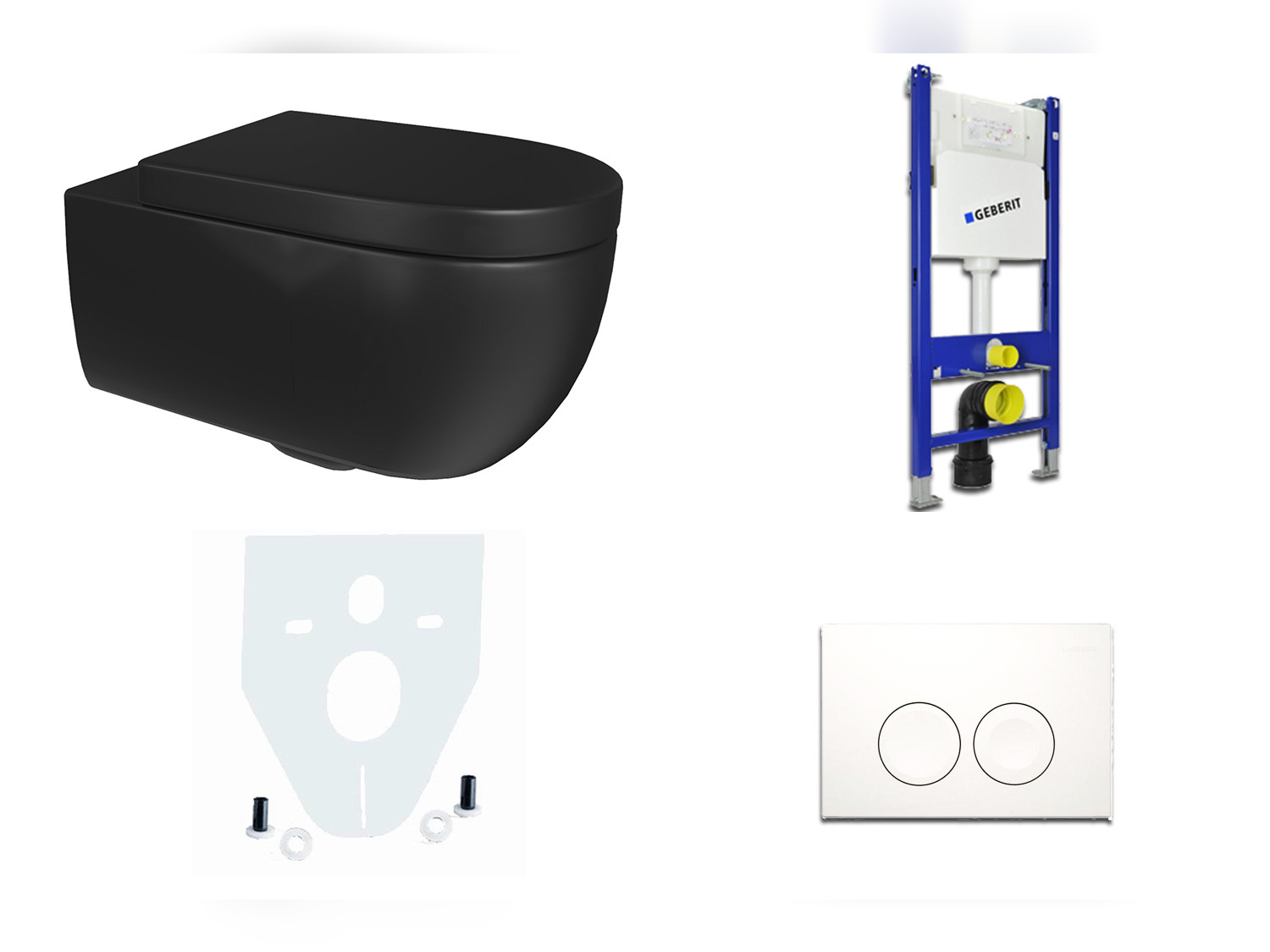 Geberit &amp; Aqua Bagno 011.1051.063SMK sp&uuml;lrandlos schwarz matt + Sp&uuml;lkasten Geberit Basic Vorwandelement + Wand WC + Dr&uuml;ckerplatte