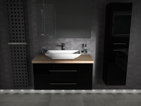 Flex Badmöbel 100, Schwarz Hochglanz Lackiert, Keramik Waschbecken, Trägerplatte