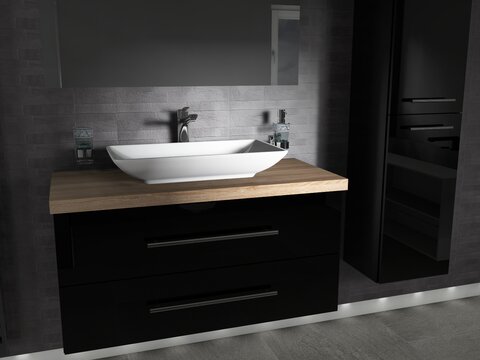Flex Badmöbel 100, Schwarz Hochglanz Lackiert, Keramik Waschbecken, Trägerplatte