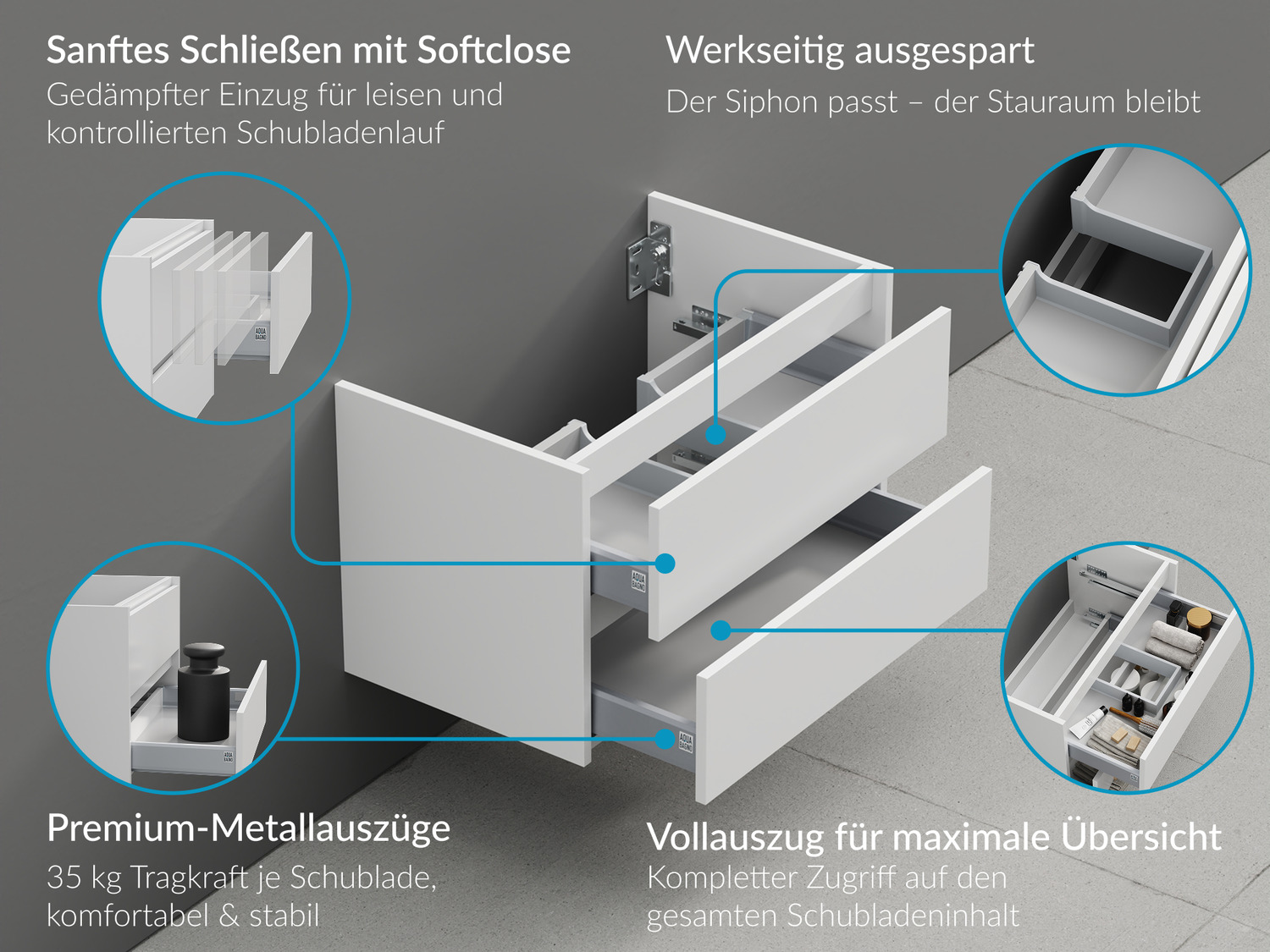 Duo Badm&ouml;bel 120, Wei&szlig; Hochglanz, Keramik Waschbecken, Tr&auml;gerplatte