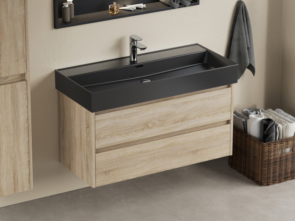 Duo Badm&ouml;bel 100, Eiche Gold, Keramik Waschbecken