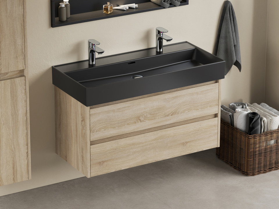Duo Badm&ouml;bel 100, Eiche Gold, Keramik Waschbecken