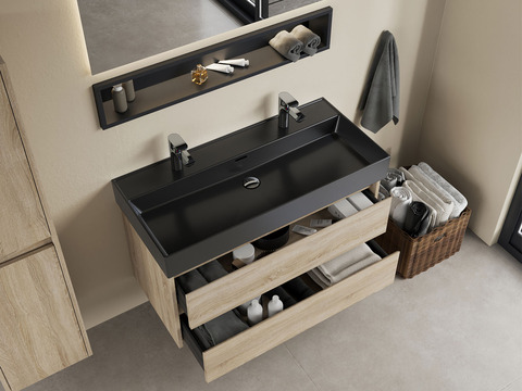 Duo Badmöbel 100, Eiche Gold, Keramik Waschbecken