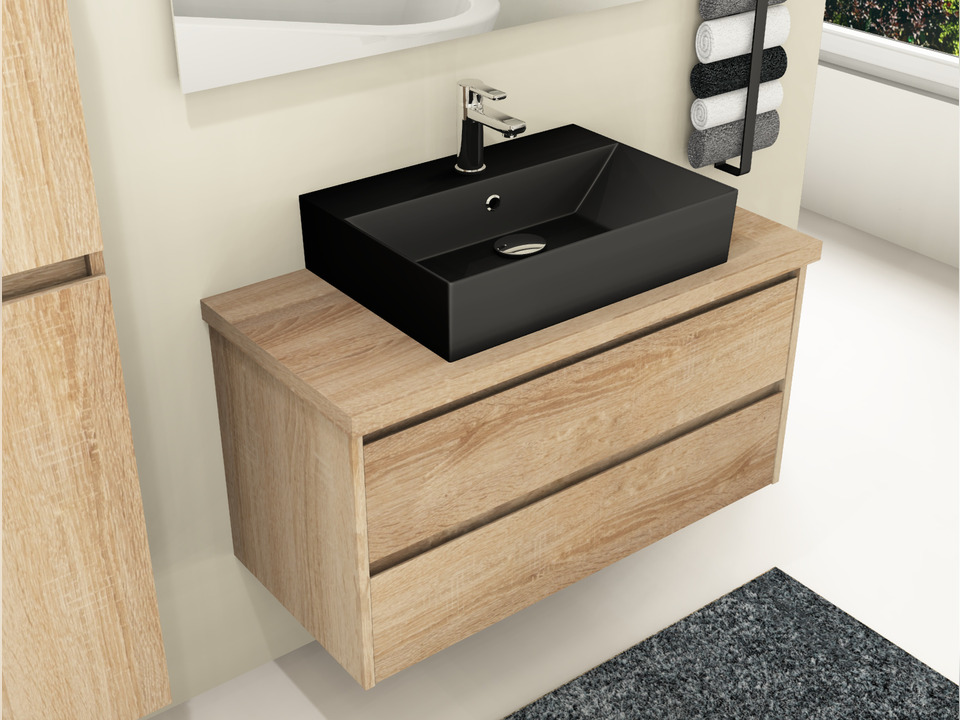 Duo Badm&ouml;bel 100, Eiche Gold, Keramik Waschbecken, Tr&auml;gerplatte