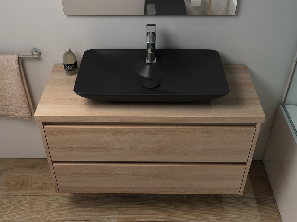 Duo Badm&ouml;bel 100, Eiche Gold, Keramik Waschbecken, Tr&auml;gerplatte