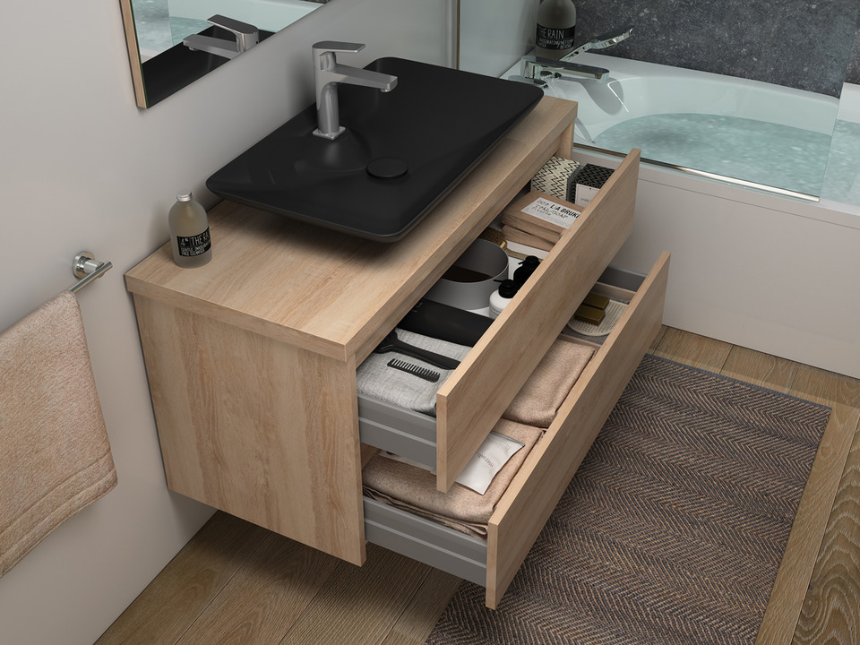 Duo Badm&ouml;bel 100, Eiche Gold, Keramik Waschbecken, Tr&auml;gerplatte