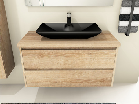 Duo Badmöbel 100, Eiche Gold, Keramik Waschbecken, Trägerplatte