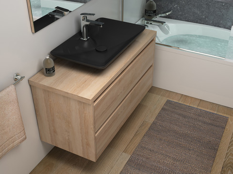 Duo Badmöbel 100, Eiche Gold, Keramik Waschbecken, Trägerplatte