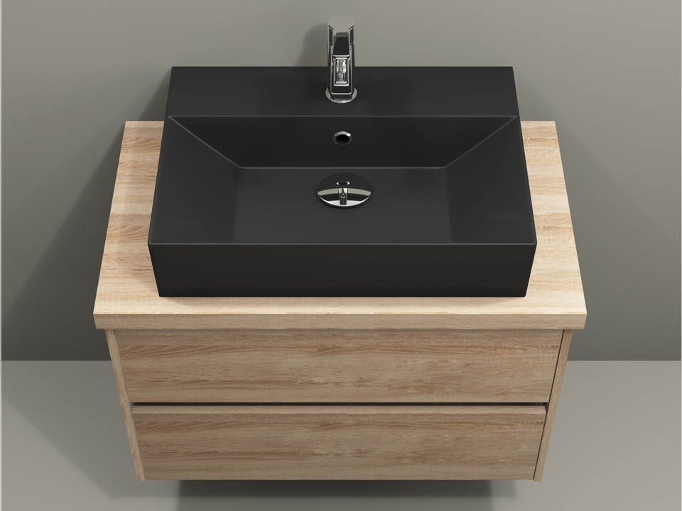 Duo Badm&ouml;bel 80, Eiche Gold, Keramik Waschbecken, Tr&auml;gerplatte