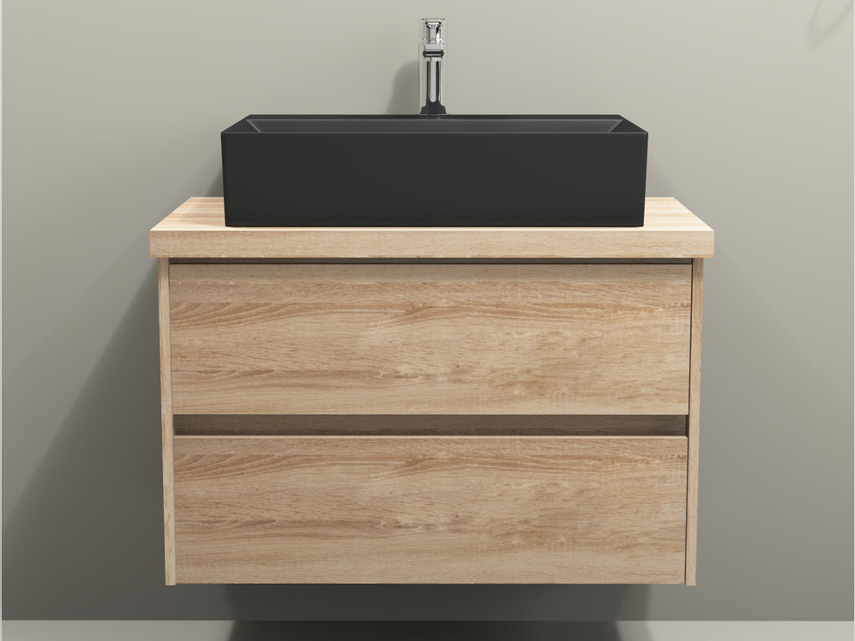 Duo Badm&ouml;bel 80, Eiche Gold, Keramik Waschbecken, Tr&auml;gerplatte