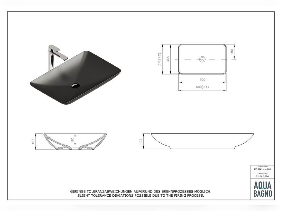 Waschbecken Aufsatzwaschtisch 60cm - Leon - KB.AN.LEON.001