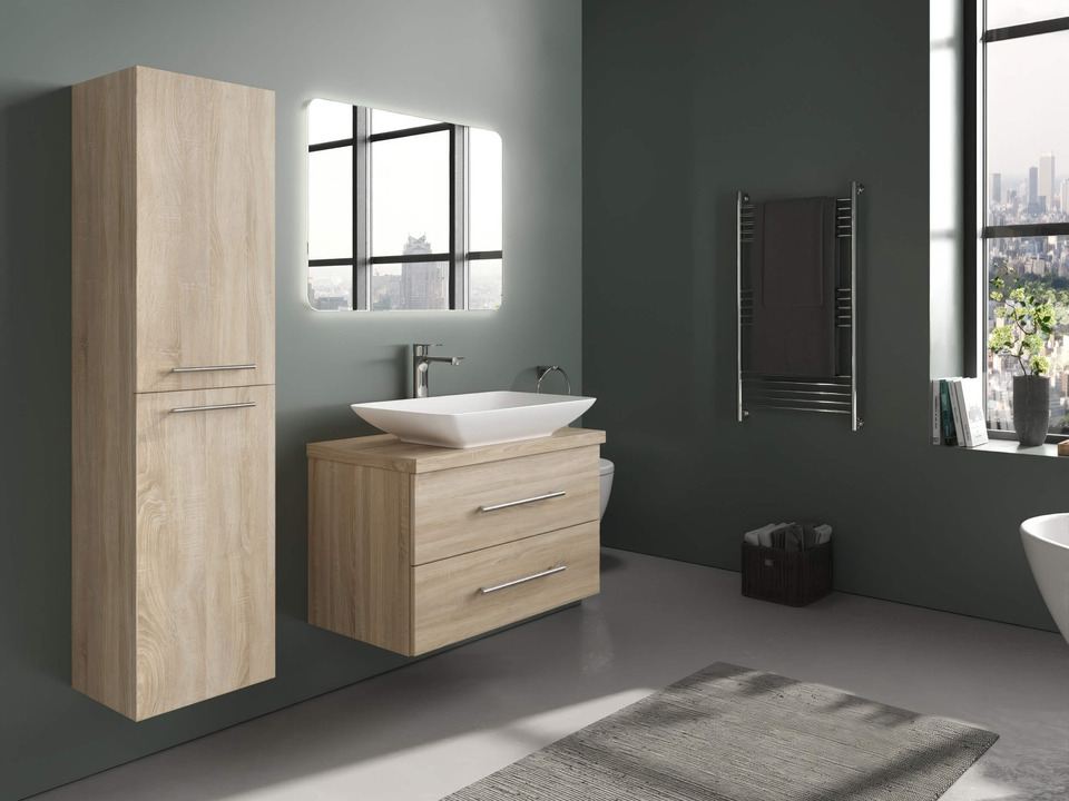 Flex Badm&ouml;bel 80, Eiche Gold, Keramik Waschbecken, Tr&auml;gerplatte