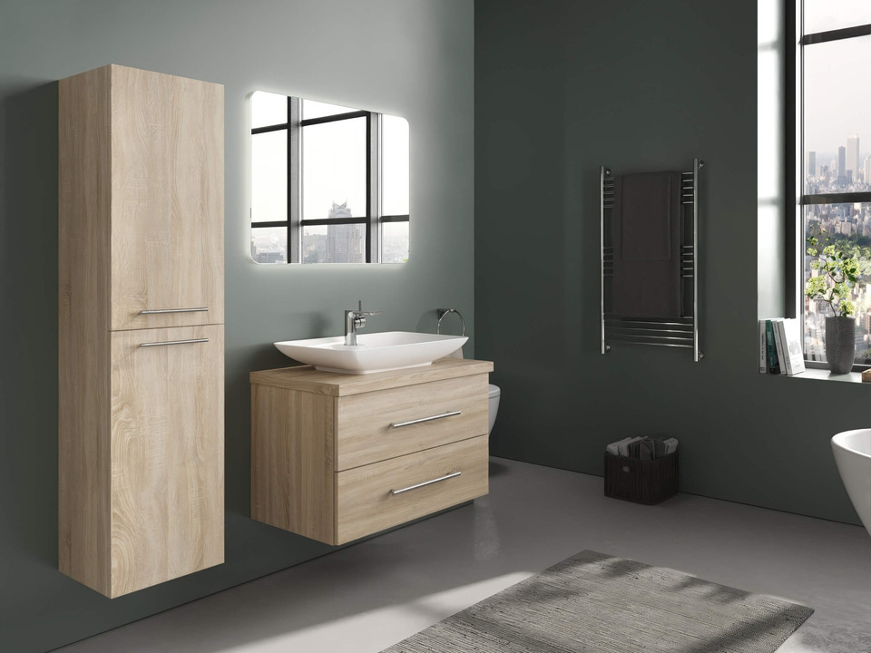 Flex Badm&ouml;bel 80, Eiche Gold, Keramik Waschbecken, Tr&auml;gerplatte