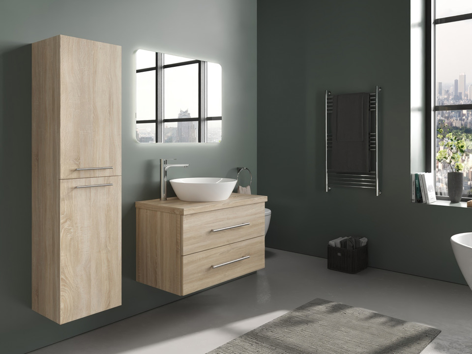 Flex Badm&ouml;bel 80, Eiche Gold, Keramik Waschbecken, Tr&auml;gerplatte