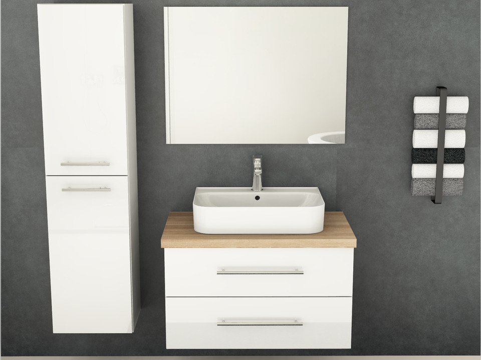 Flex Badm&ouml;bel 80, Wei&szlig; Hochglanz Lackiert, Keramik Waschbecken, Tr&auml;gerplatte